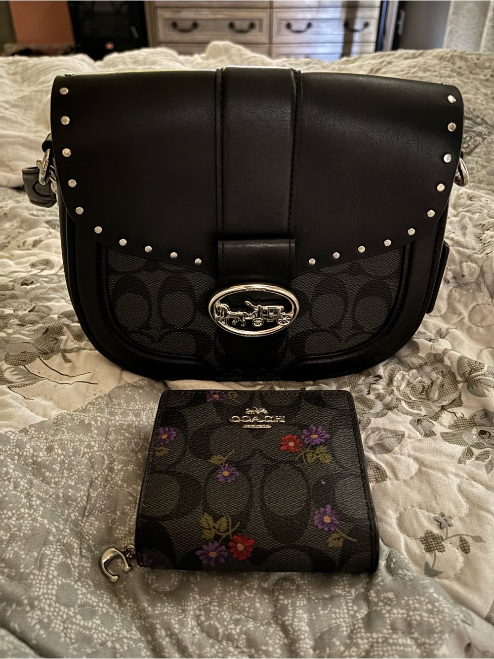 Coach Black Signature Leather Crossbody Saddle with Floral Wallet Set